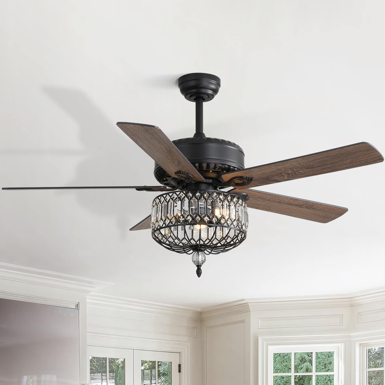 Front. Sofucor - Farmhouse Ceiling Fans Lights Kit 52'' Indoor Chandelier Crystal Fandelier Ceiling Fans for Living Dining Room Bedroom - Black.