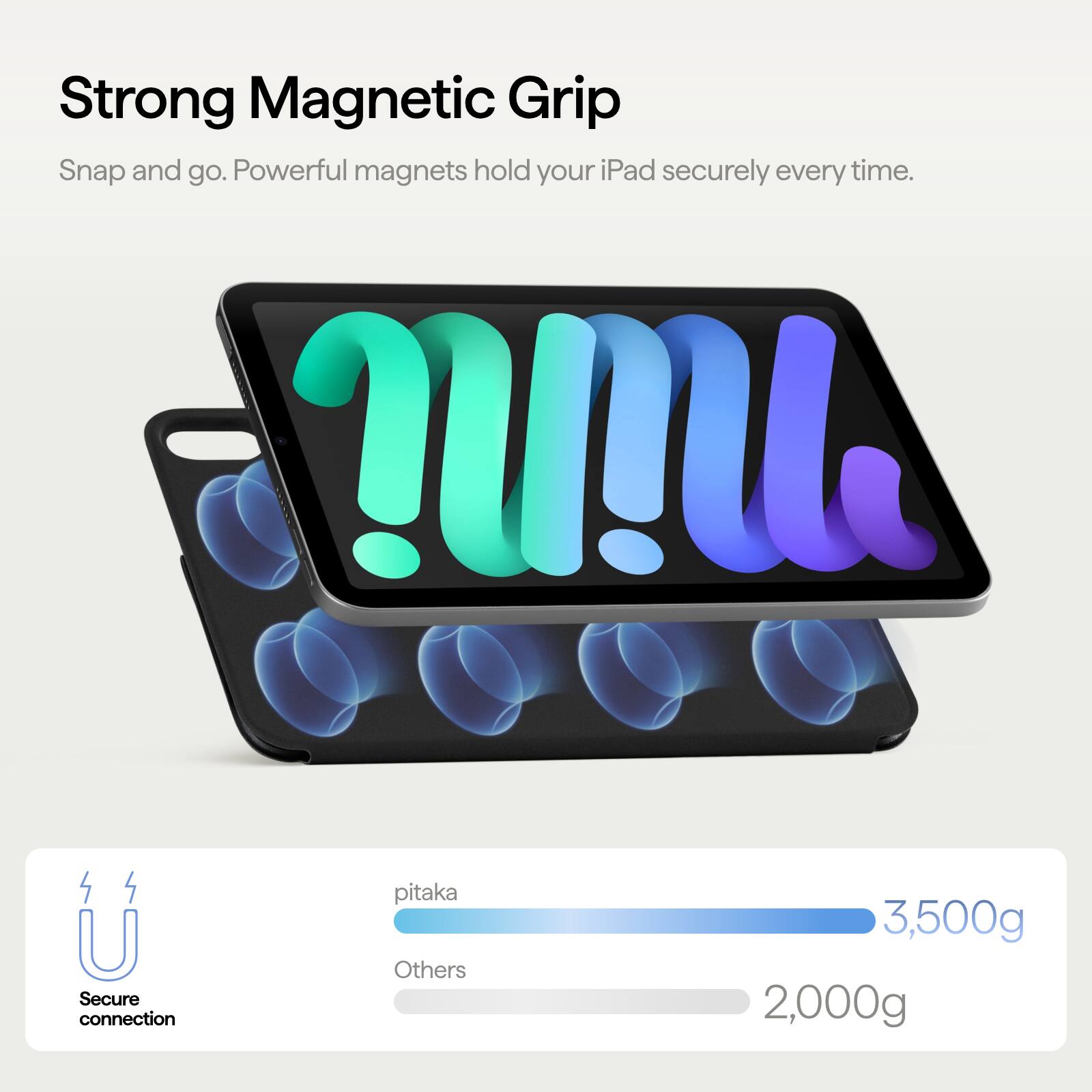 Strong Magnetic Grip  
Snap and go. Powerful magnets hold your iPad securely every time.  

Secure connection  
pitaka  
3,500g  
Others  
2,000g