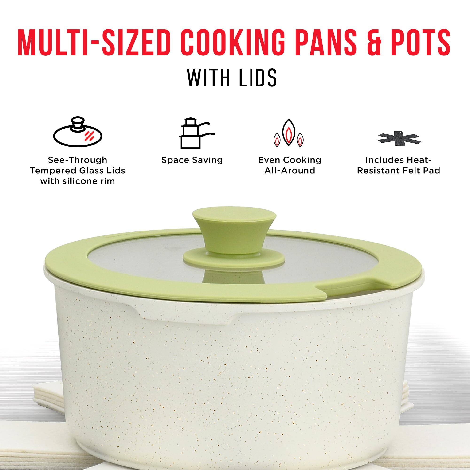 MULTI-SIZED COOKING PANS & POTS WITH LIDS

See-Through Tempered Glass Lids with silicone rim
Space Saving
Even Cooking All-Around
Includes Heat-Resistant Felt Pad