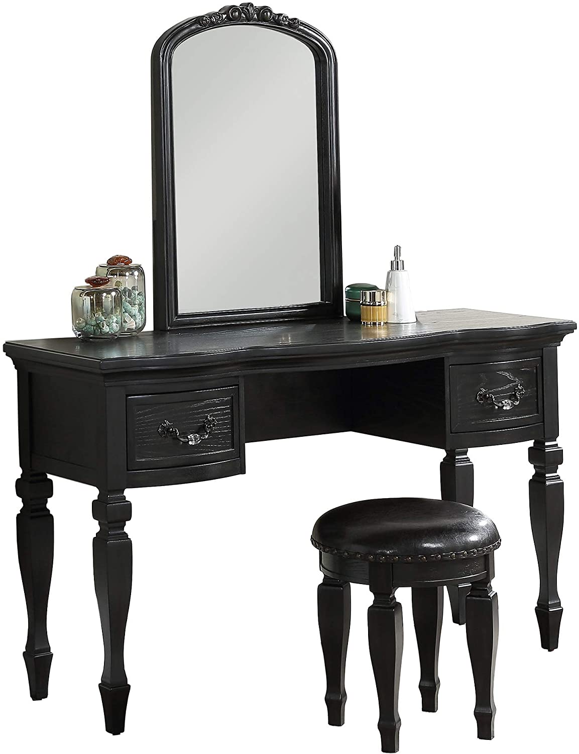 Alt View 2. APRILSOUL - Bedroom Classic Vanity Set Wooden Carved Mirror Stool Drawers Black Color - Black.