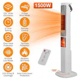 Loheer - 1500W Ceramic Tower Space Heater with Remote Control and 120 Degree Oscillation