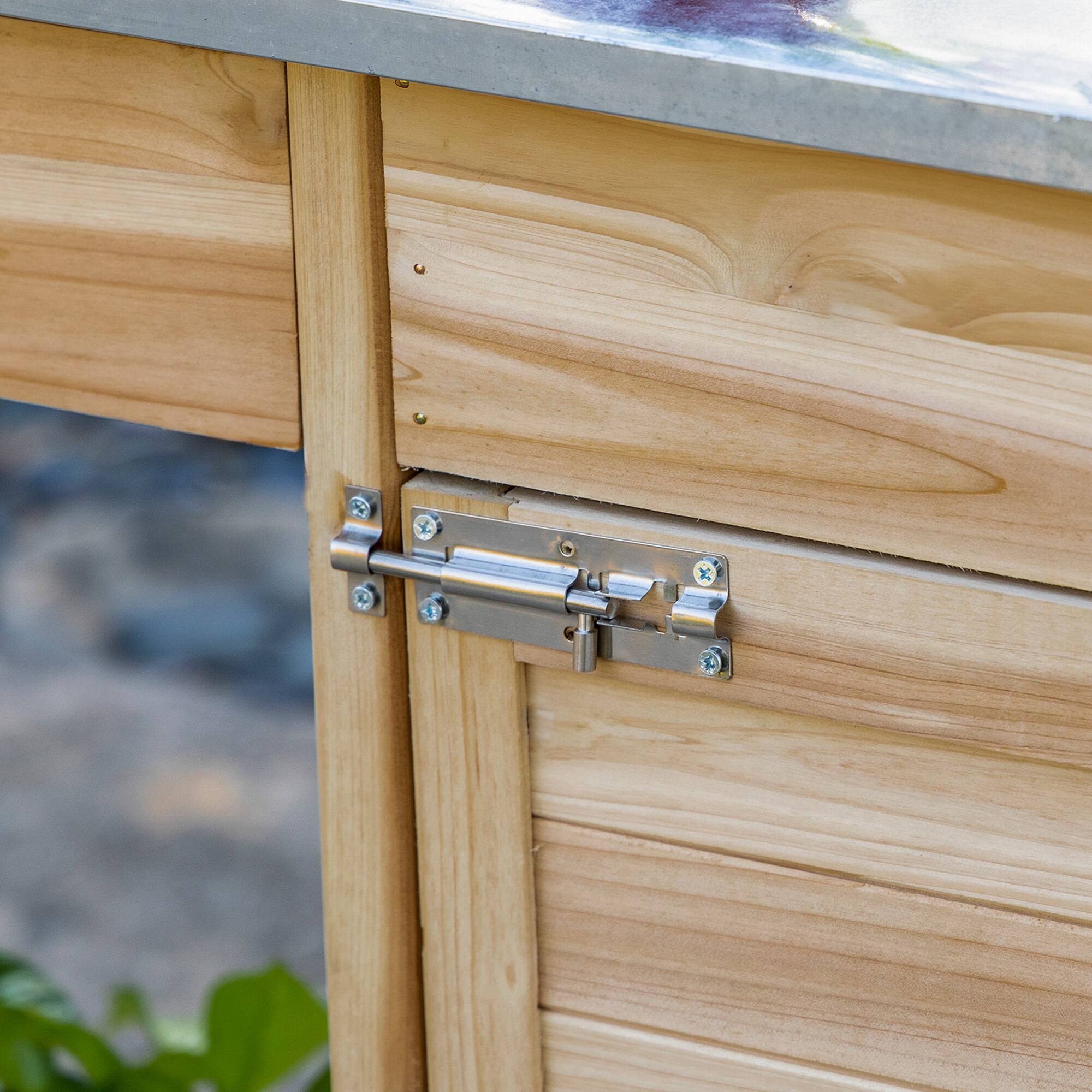 Alt View 8. Outsunny - Outdoor Potting Bench Table, Garden Work Station with Storage Cabinet, Open Shelf and Steel Tabletop - Natural Wood.