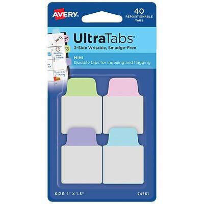 AVERY 40 REPOSITIONABLE TABS  
UltraTabs  
2-Side Writable, Smudge-Free  
MINI  
Durable tabs for indexing and flagging  
SIZE: 1" x 1.5"  
74761