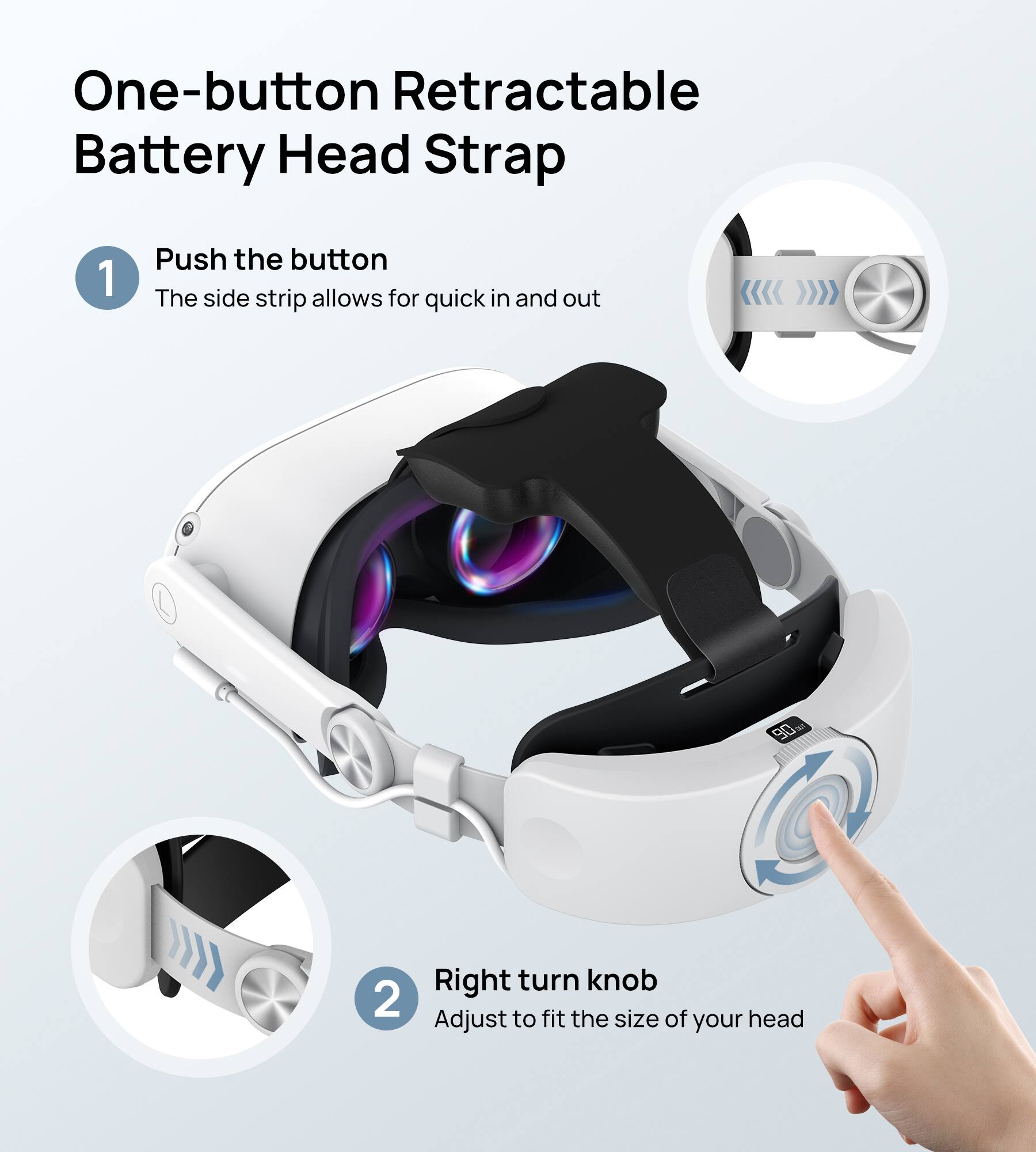 One-button Retractable Battery Head Strap

1. Push the button
   The side strip allows for quick in and out

2. Right turn knob
   Adjust to fit the size of your head