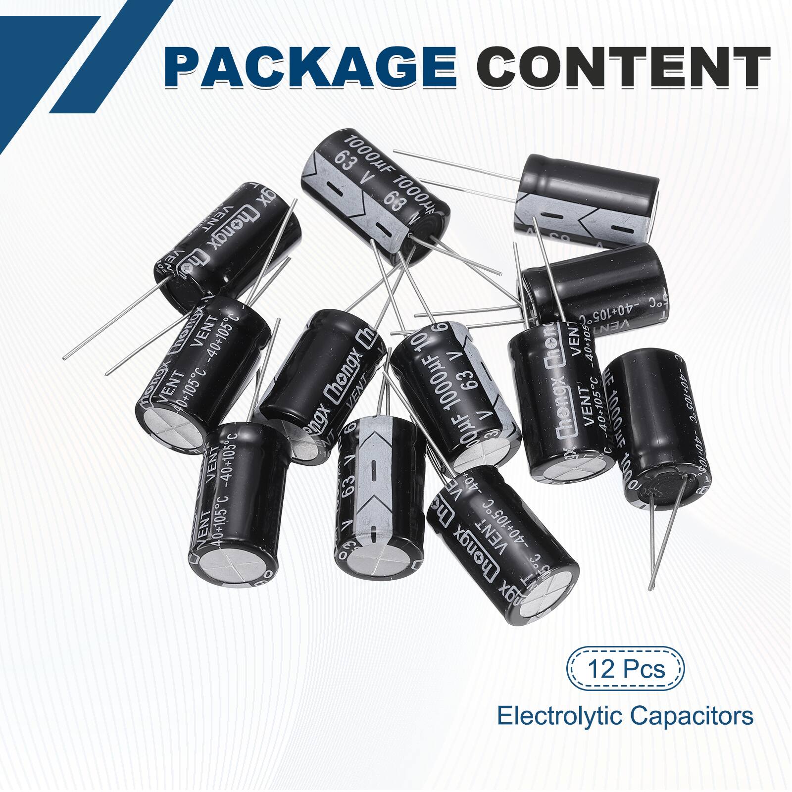 PACKAGE CONTENT

12 Pcs Electrolytic Capacitors

- 1000uF 63 V VENT -40+105C
- 1000uF 63 V VENT -40+105C
- 1000uF 63 V VENT -40+105C
- 1000uF 63 V VENT -40+105C
- 1000uF 63 V VENT -40+105C
- 1000uF 63 V VENT -40+105C
- 1000uF 63 V VENT -40+105C
- 1000uF 63 V VENT -40+105C
- 1000uF 63 V VENT -40+105C
- 1000uF 63 V VENT -40+105C
- 1000uF 63 V V