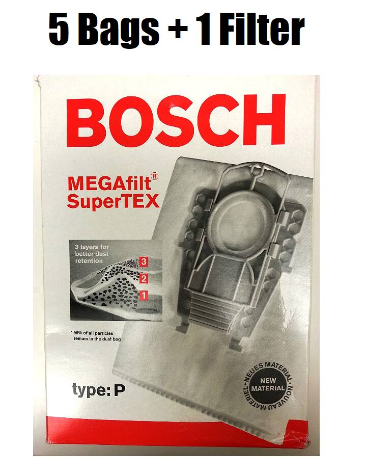 5 Bags + 1 Filter  
BOSCH MEGAfilt SuperTEX  
3 layers for better dust retention  
99% of all particles remain in the dust bag  
type: P  
NEW MATERIAL