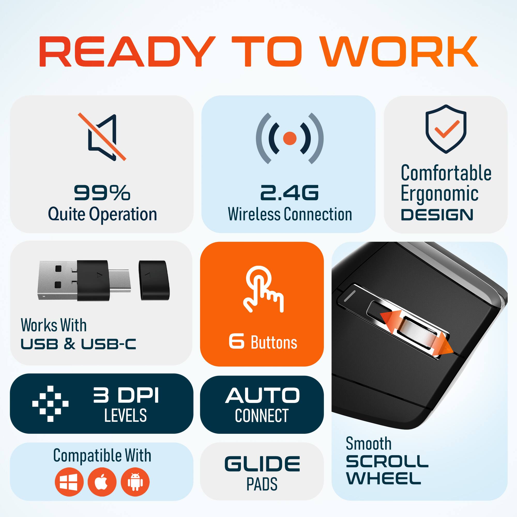 READY TO WORK

99% Quite Operation
2.4G Wireless Connection
Comfortable Ergonomic DESIGN
Works With USB & USB-C
6 Buttons
3 DPI LEVELS
Compatible With
AUTO CONNECT
Smooth GLIDE SCROLL PADS WHEEL