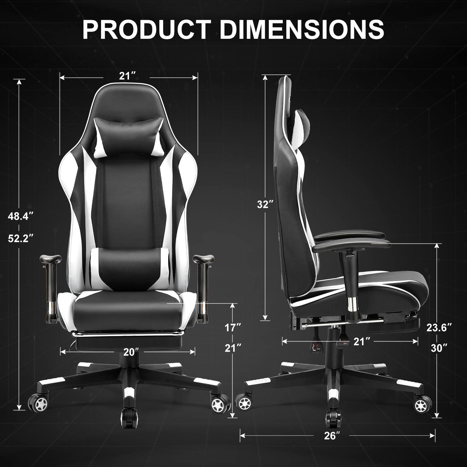 PRODUCT DIMENSIONS

21"
48.4"
32"
52.2"
20"
17" 21"
21"
23.6" 30"
26"