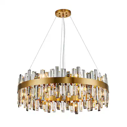 Front. Siljoy - 12-Light Brushed Gold Round Crystal Chandelier, 24in Luxury Hanging Pendant Light for Living/Dining/Bedroom/Foyer/Hotel - Gold.
