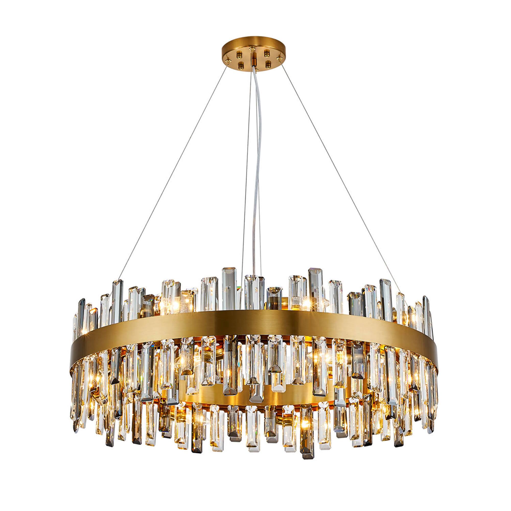 Front. Siljoy - 12-Light Brushed Gold Round Crystal Chandelier, 24in Luxury Hanging Pendant Light for Living/Dining/Bedroom/Foyer/Hotel - Gold.