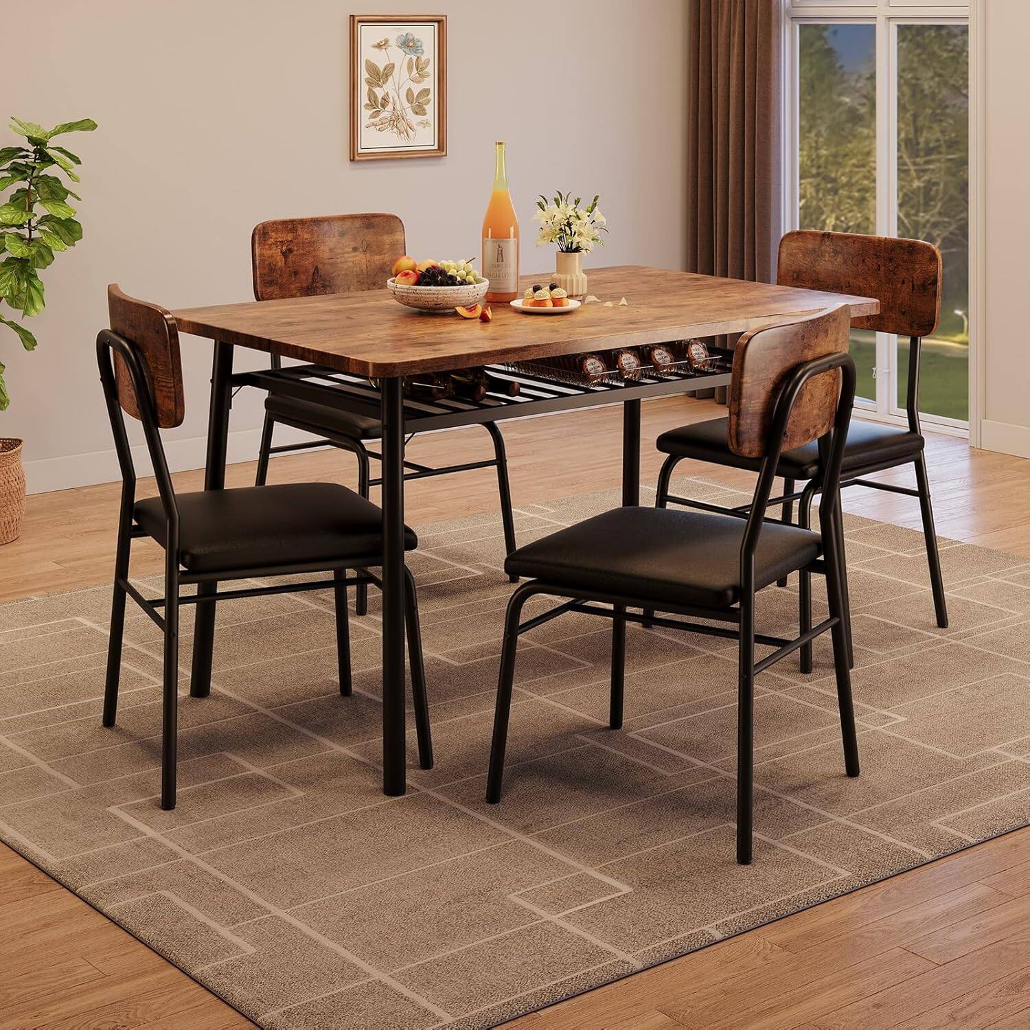 Left. Qeetex - 5-Piece Dining Set for 4 with Storage, Wood Tabletop & Metal Frame, Upholstered Chairs, Compact for Small Spaces - Brown.