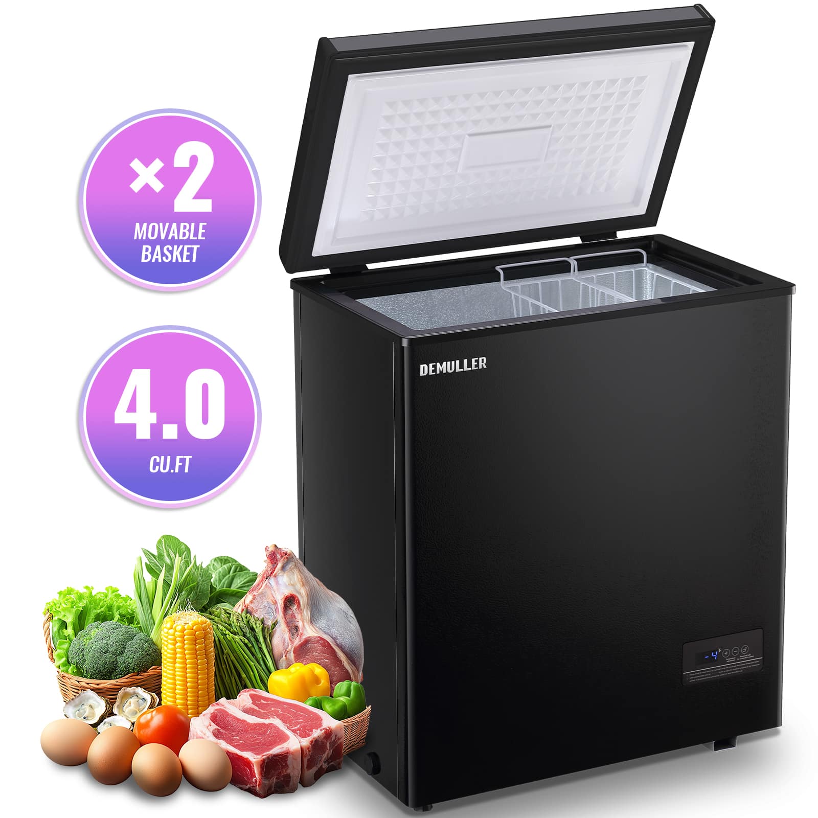DEMULLER - Compact 4.0 Cu.Ft Chest Deep Freezer with Electronic Panel, Top Open Door for Kitchen Dorm Department - Black