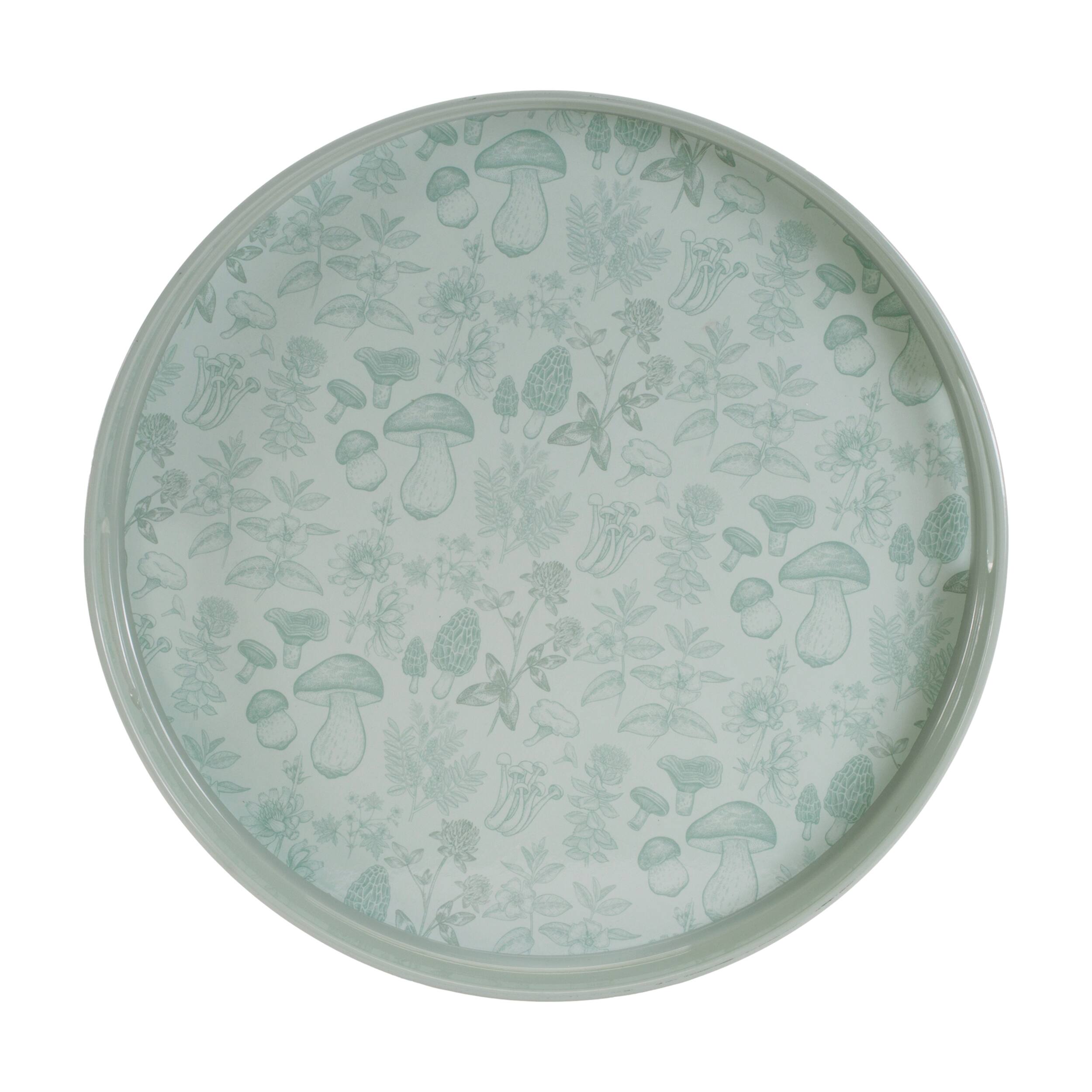 Angle. BreeBe - Round Mushroom and Floral Print Tray 13.5"D - Green.