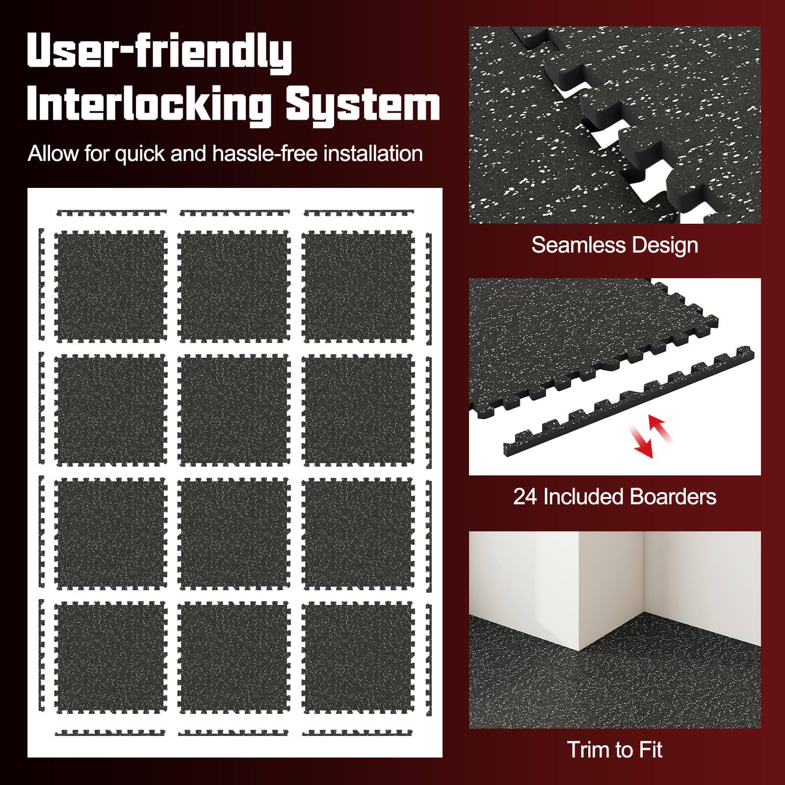 User-friendly Interlocking System  
Allow for quick and hassle-free installation  

Seamless Design  

24 Included Boarders  

Trim to Fit