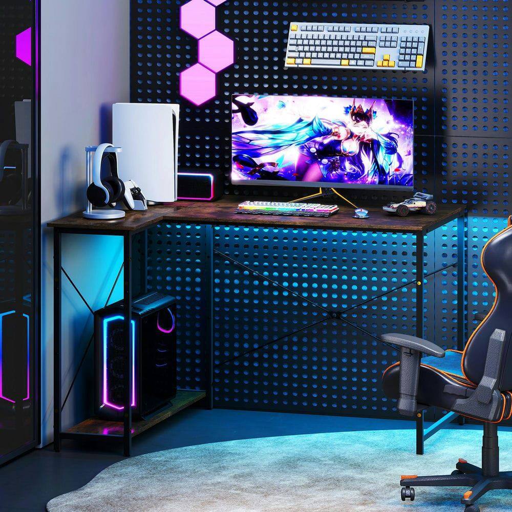 Back. Kadyn - 47-Inch Reversible L-Shaped Corner Desk - Adjustable Storage Shelves, Rustic Brown + Black - Brown.