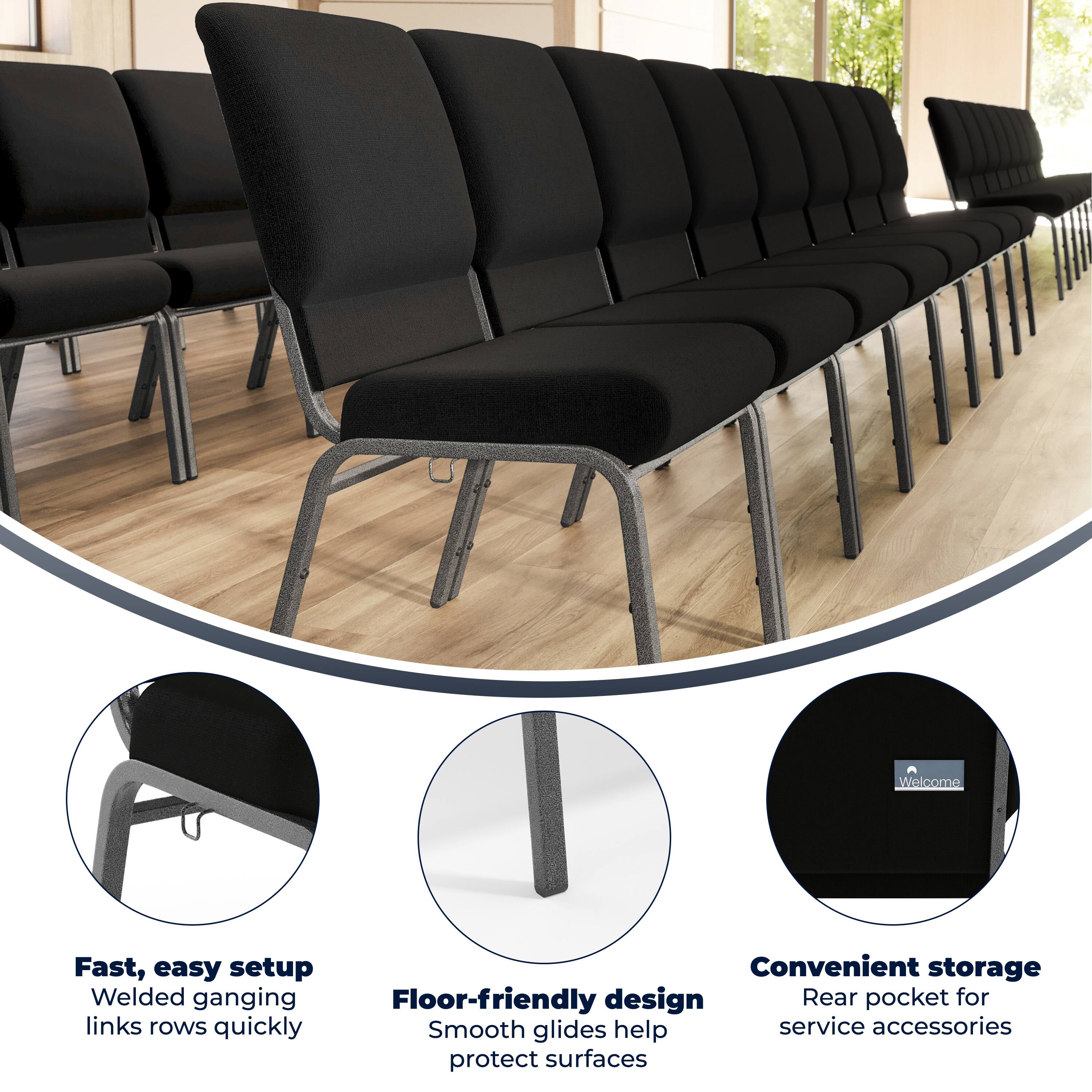 Fast, easy setup  
Welded ganging links rows quickly  

Floor-friendly design  
Smooth glides help protect surfaces  

Convenient storage  
Rear pocket for service accessories