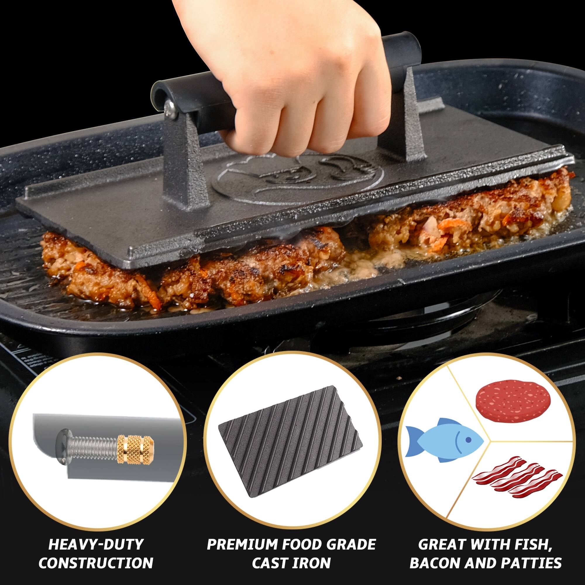 Left. Gourmet Easy - 3lb Cast Iron Grill Press, Heavy Duty Smash Burger Press for Griddle Heat Resistant Handle, Burger Smasher - Black.
