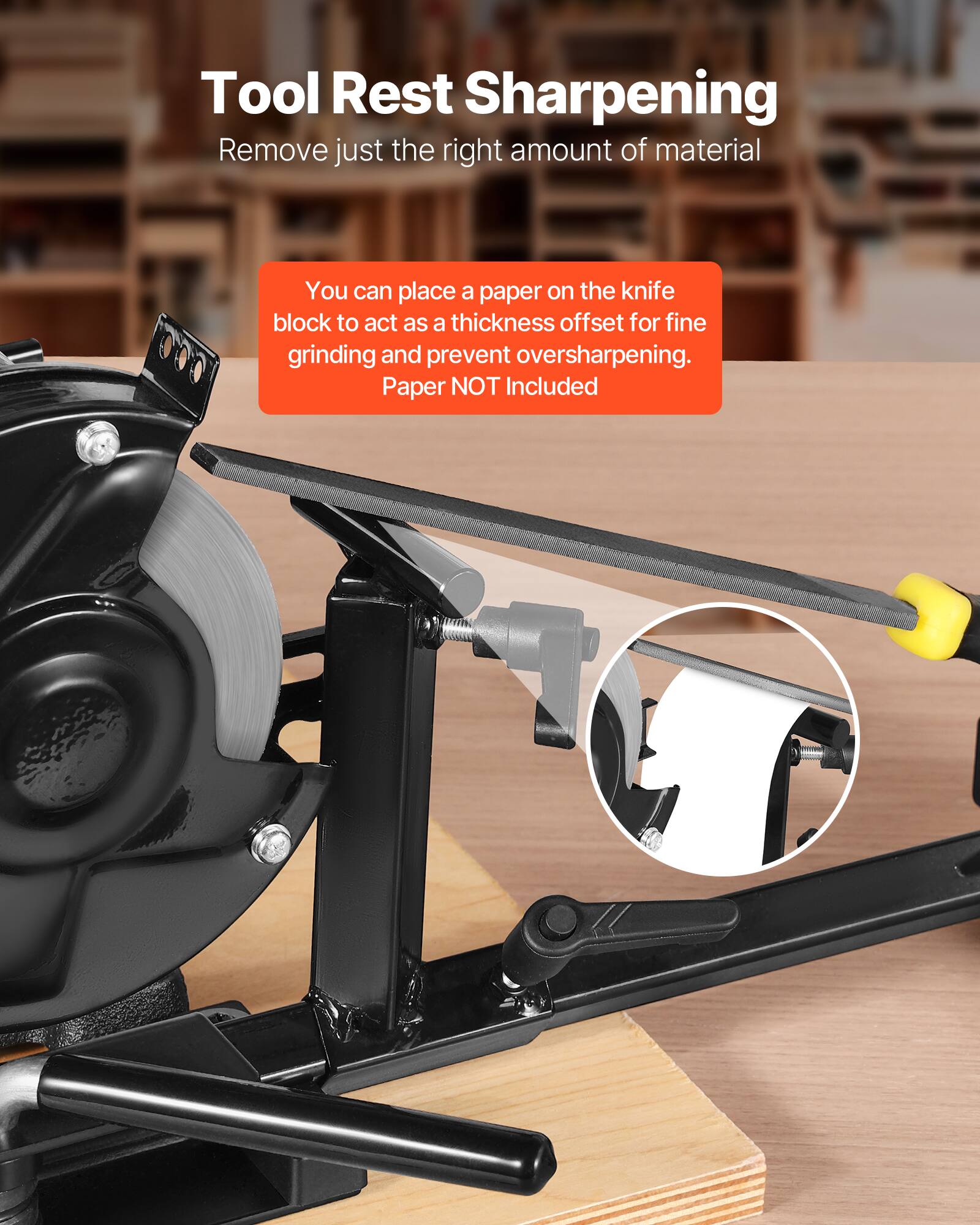 Tool Rest Sharpening  
Remove just the right amount of material  

You can place a paper on the knife block to act as a thickness offset for fine grinding and prevent oversharpness.  
Paper NOT Included