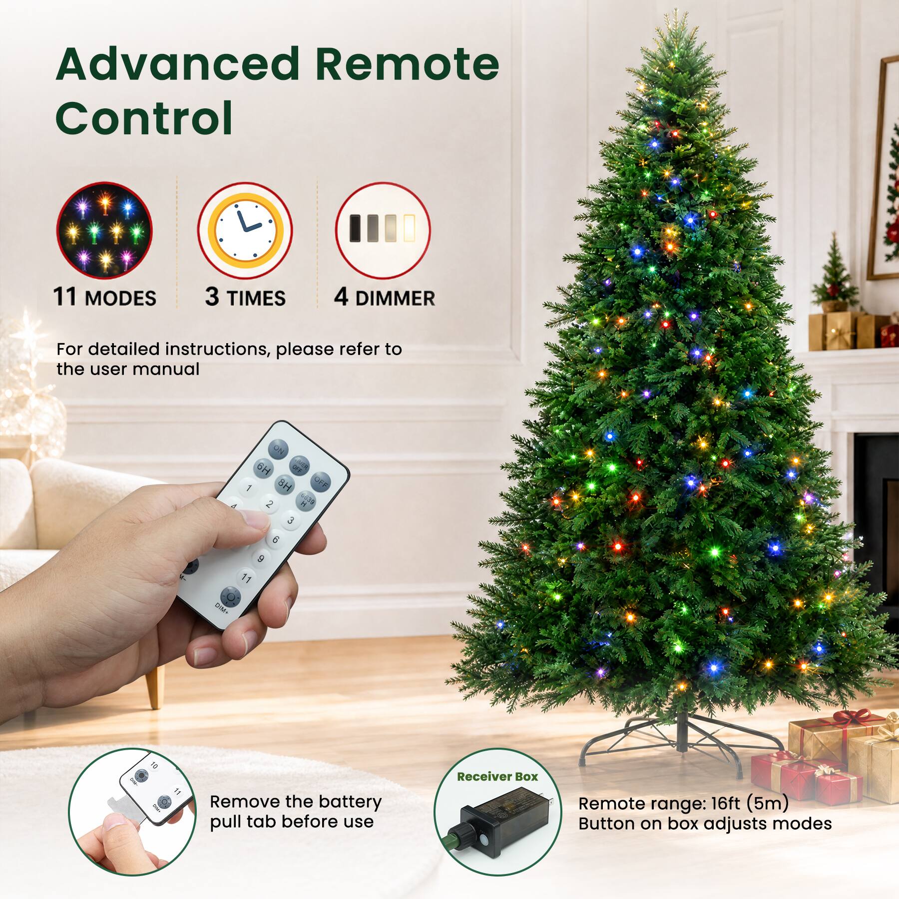 Advanced Remote Control

11 MODES  
3 TIMES  
4 DIMMER  

For detailed instructions, please refer to the user manual  

ON 6H SAS 1 BH OPF 2 H 1819 3 6 9 11 DiM.  

Remove the battery pull tab before use  

Receiver Box  

Remote range: 16ft (5m)  
Button on box adjusts modes