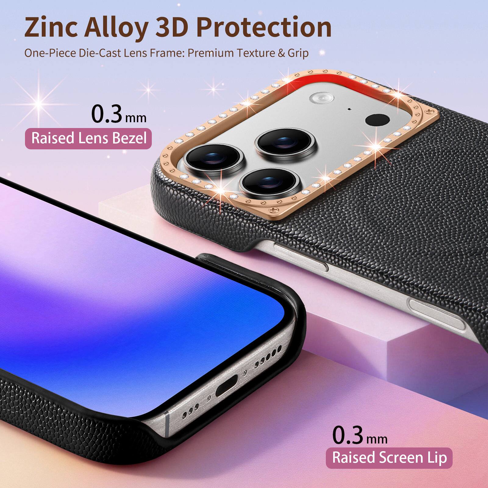 Zinc Alloy 3D Protection  
One-Piece Die-Cast Lens Frame: Premium Texture & Grip  
0.3 mm Raised Lens Bezel  
0.3 mm Raised Screen Lip