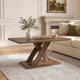 WELLFOR - 37.5" Farmhouse Coffee Table with X Shape Stable Base, Wood Rectangle Center Table Cocktail Tea Table for Living Room - Brown