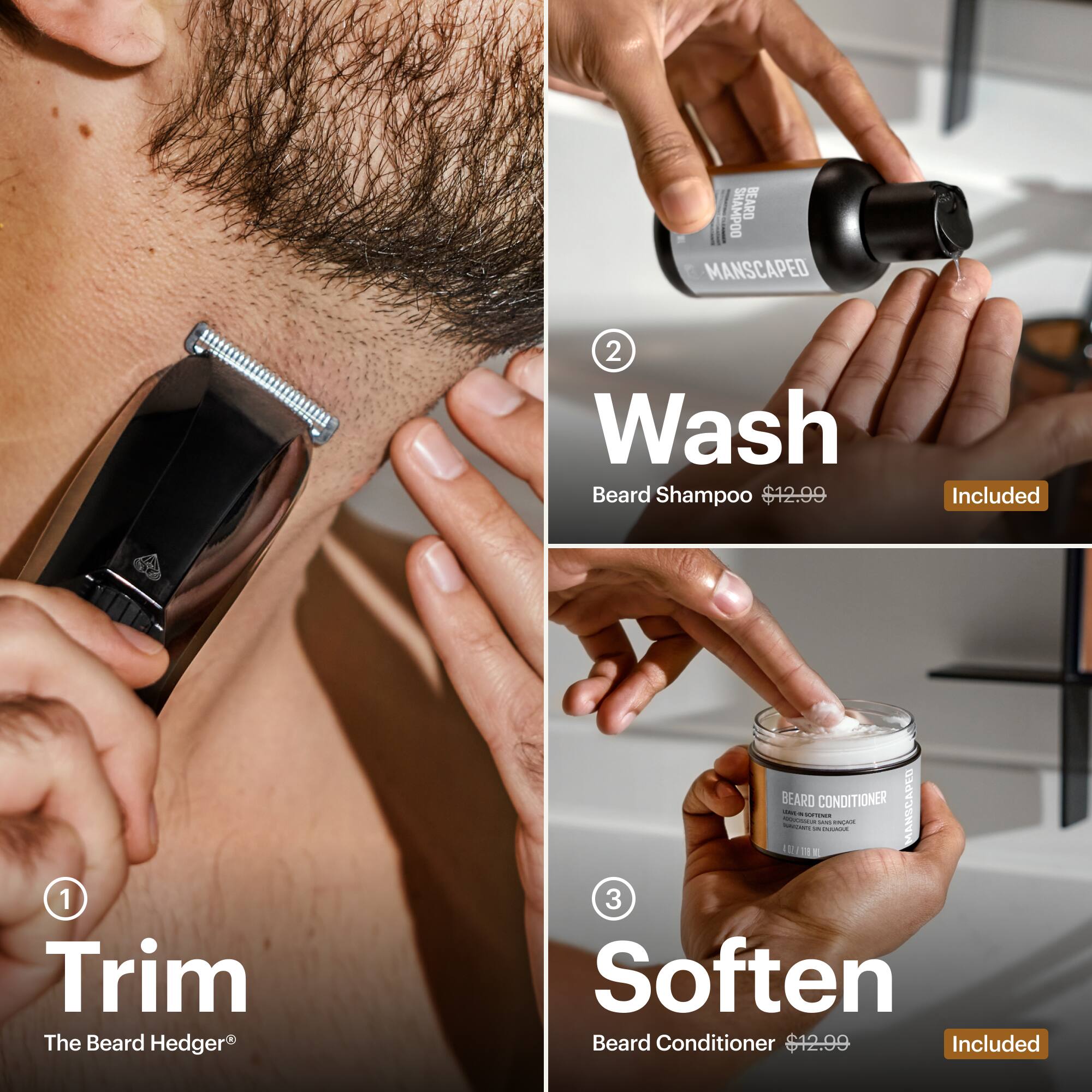 The image features a man getting his beard trimmed with a pair of scissors. The man is shaving his beard with a shaving cream, and there are three different bottles of beard care products displayed in the image. The products include a beard shampoo, a beard conditioner, and a beard softener. The man is also holding a bottle of beard shampoo in his hand. The image is promoting a beard care product line, with the prices of the products being $12.99, $12.09, and $12.09, respectively.