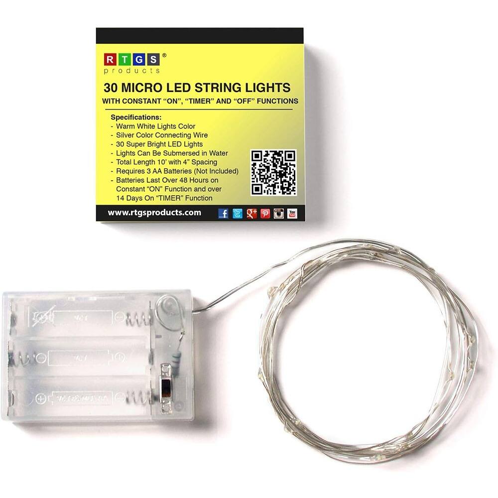 **RTGS Products**

**30 MICRO LED STRING LIGHTS WITH CONSTANT "ON", "TIMER" AND "OFF" FUNCTIONS**

**Specifications:**
- Warm White Lights Color
- Silver Color Connecting Wire
- 30 Super Bright LED Lights
- Lights Can Be Submersed in Water
- Total Length 10' with 4" Spacing
- Requires 3 AA Batteries (Not Included)
- Batteries Last Over 48 Hours on Constant "ON" Function and over 14 Days on "TIMER" Function

**www.rtgsproducts.com**