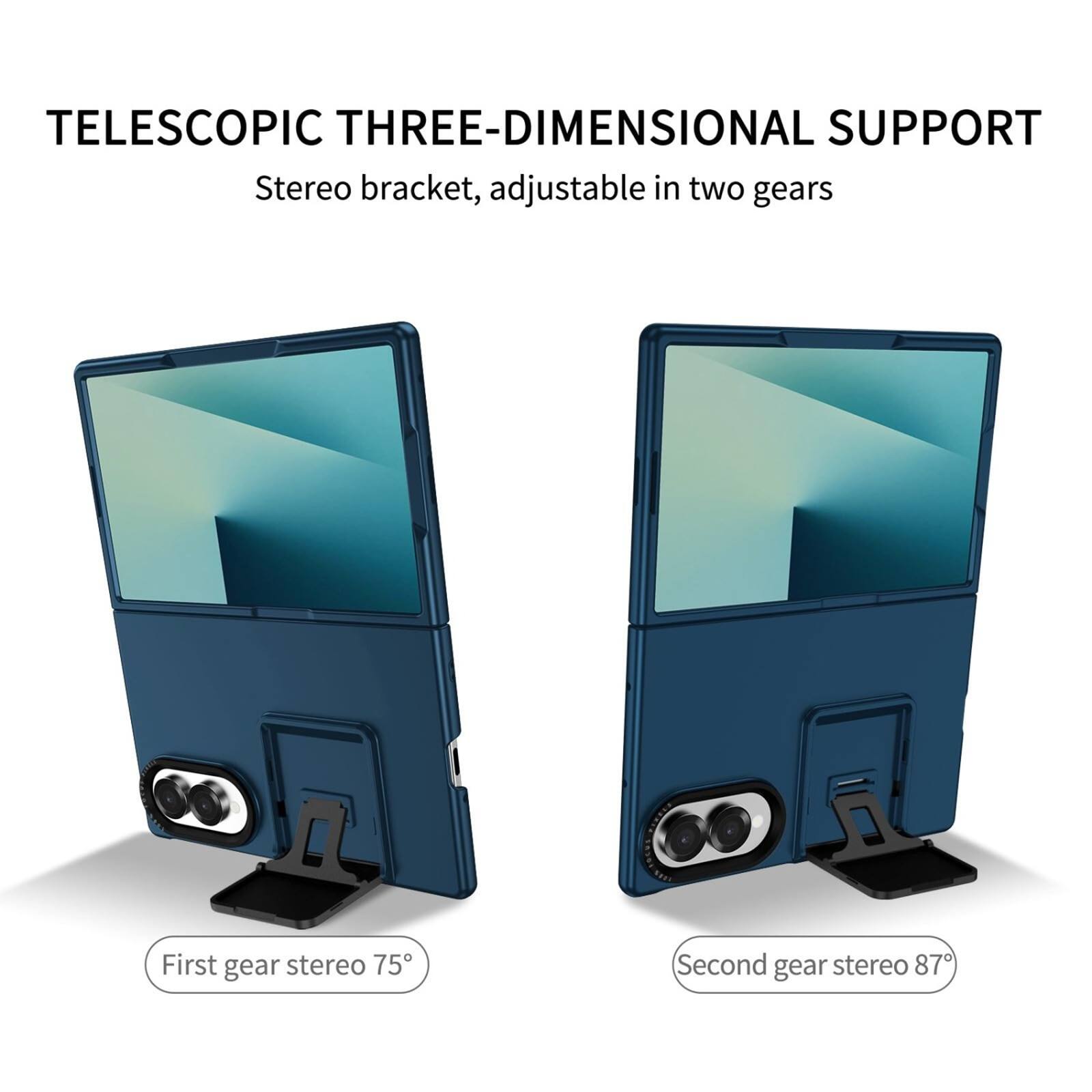 TELESCOPIC THREE-DIMENSIONAL SUPPORT  
Stereo bracket, adjustable in two gears  

First gear stereo 75°  
Second gear stereo 87°