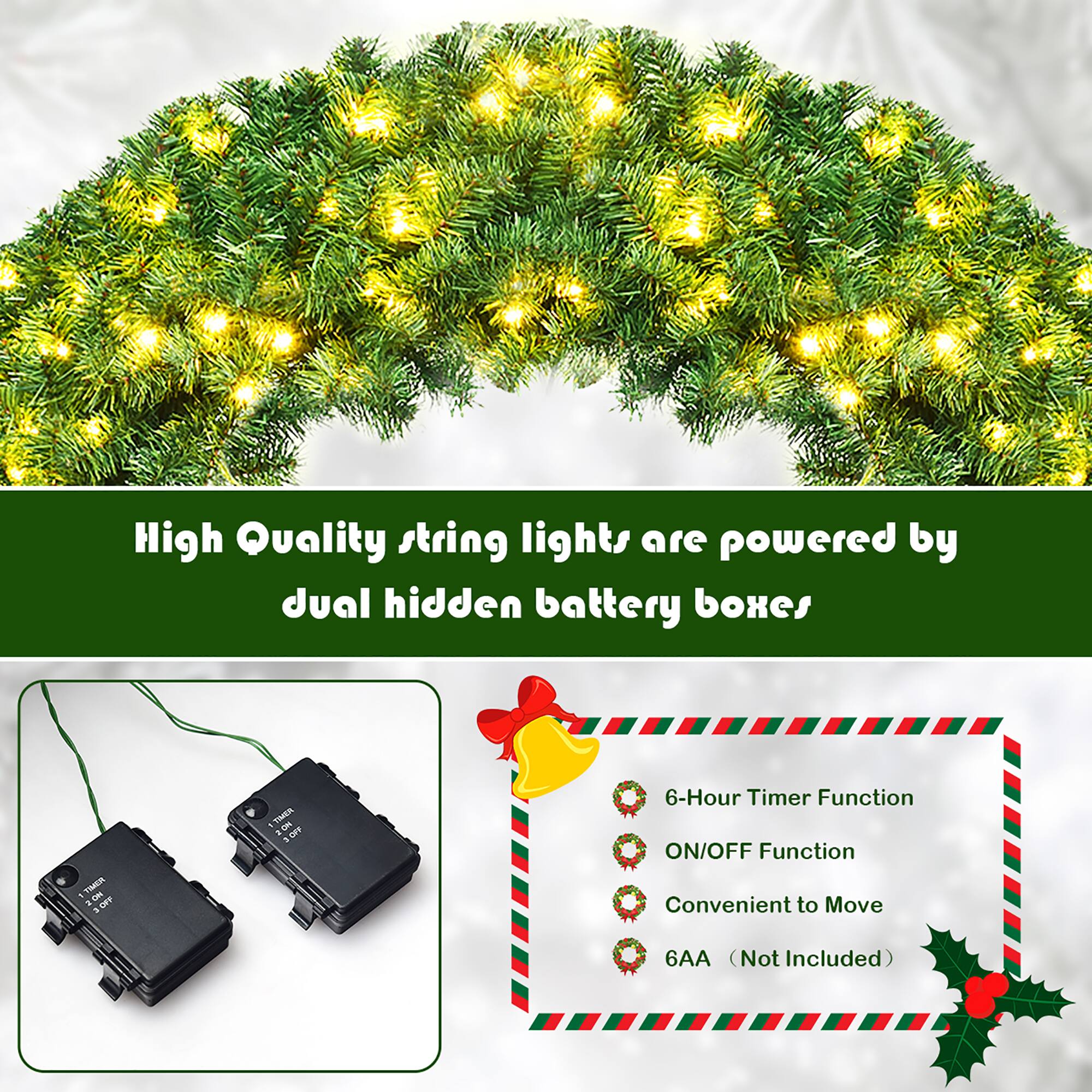 High Quality string lights are powered by dual hidden battery boxes. 1 TMMER OM-1 OFF & TAER a NOr OFF - 6-Hour Timer Function ON/OFF Function Convenient to Move 6AA (Not Included).