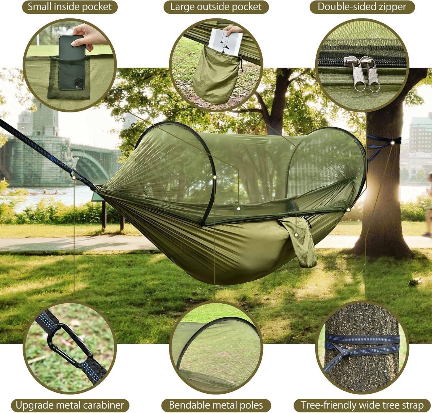 Small inside pocket  
Large outside pocket  
Double-sided zipper  
Upgrade metal carabiner  
Bendable metal poles  
Tree-friendly wide tree strap