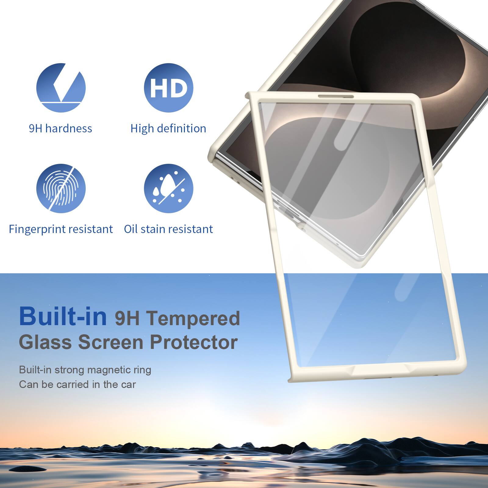 HD  
9H hardness  
High definition  
Fingerprint resistant  
Oil stain resistant  
Built-in 9H Tempered Glass Screen Protector  
Built-in strong magnetic ring  
Can be carried in the car