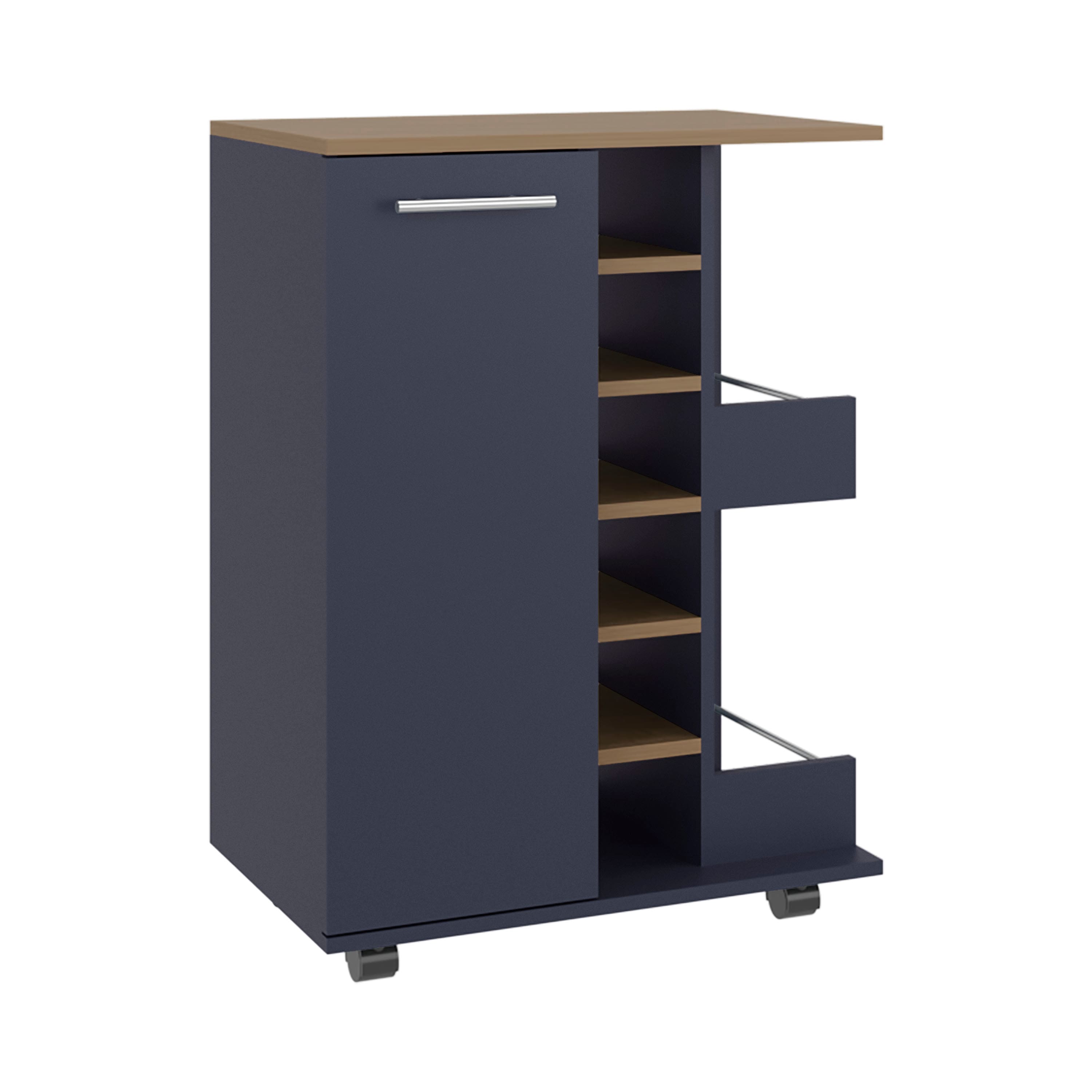 TuHome - Bar Cart, Two External Shelves, Four Casters, Six Built-In Wine Rack, Single Door Cabinet, Bar Room - Natural Oak, Blue