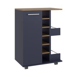 TuHome - Bar Cart, Two External Shelves, Four Casters, Six Built-In Wine Rack, Single Door Cabinet, Bar Room - Natural Oak, Blue