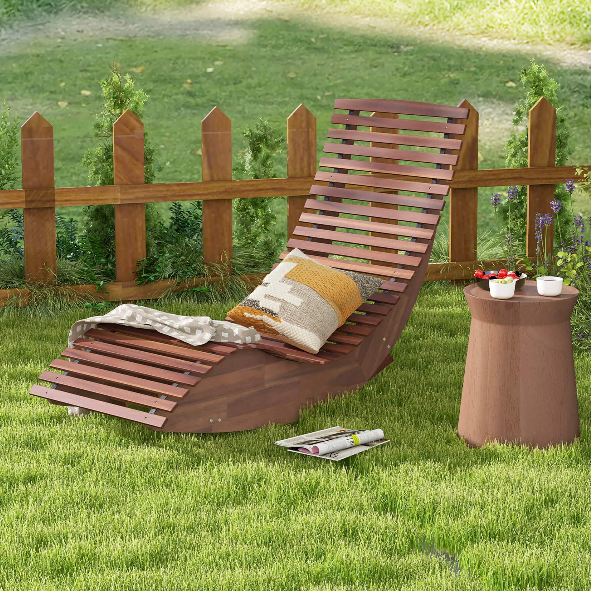 Gymax - Acacia Wood Patio Chaise Lounge Chair Outdoor Rocking Chair w/ Slatted Design - Natural