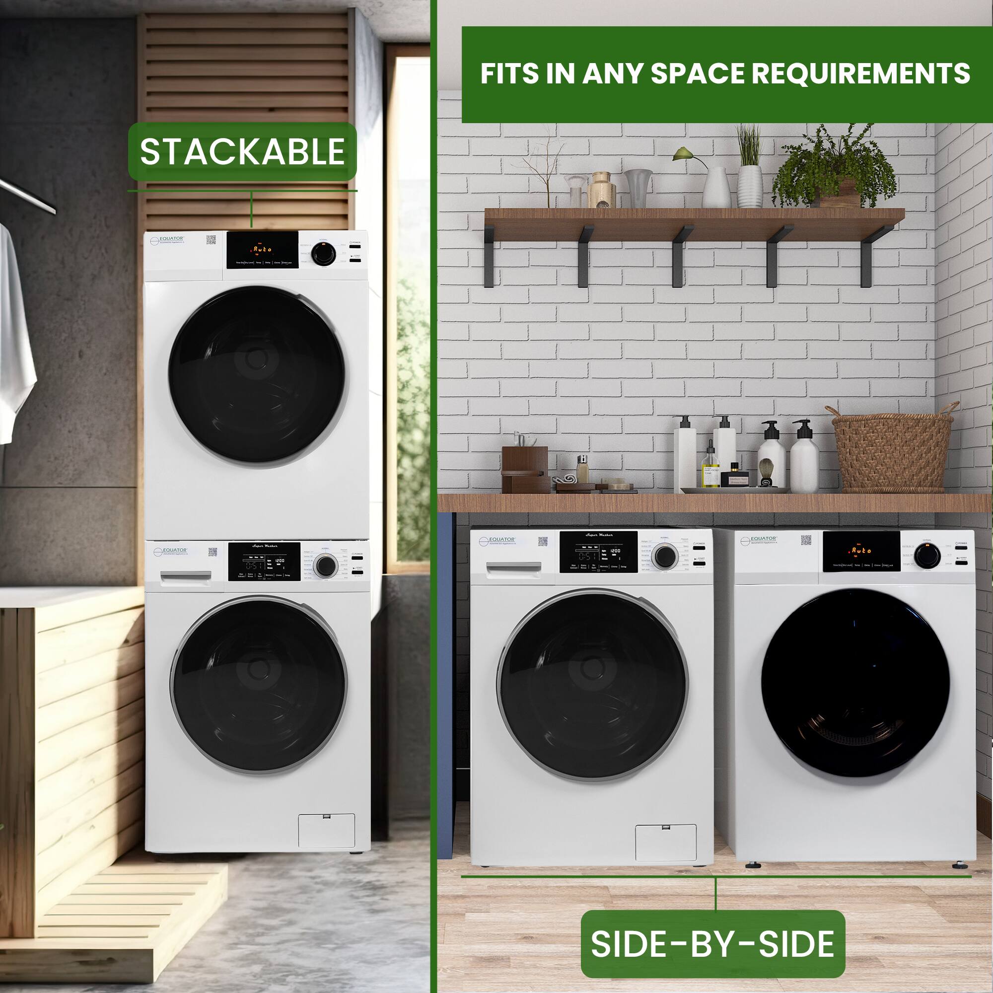 The text in the image can be grouped and corrected as follows:

- "STACKABLE"
- "FITS IN ANY SPACE REQUIREMENTS"
- "SIDE-BY-SIDE"

The corrected text is:

- "STACKABLE"
- "FITS IN ANY SPACE REQUIREMENTS"
- "SIDE-BY-SIDE"