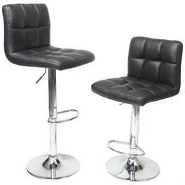 Hivvago - Set of 2 - Adjustable Height Bar Stool with Black Faux Leather Cushion Seat - Black, Silver