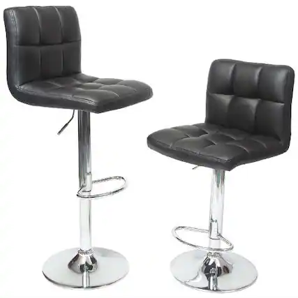 Front. Hivvago - Set of 2 - Adjustable Height Bar Stool with Black Faux Leather Cushion Seat - Black, Silver.