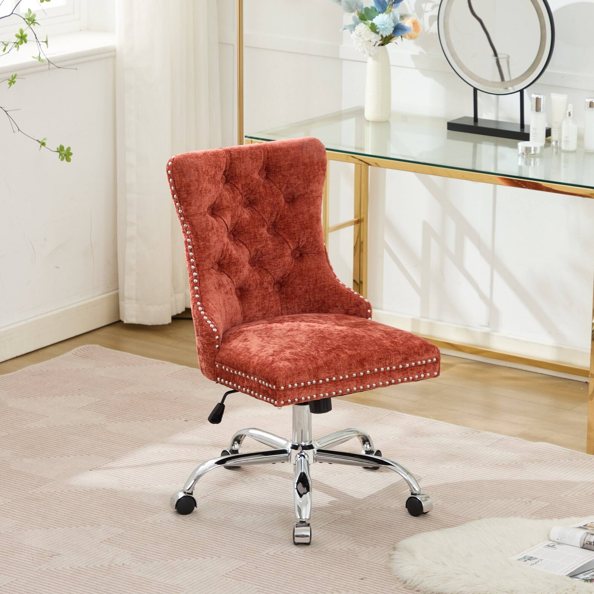 Angle. Trinkets Crazed - Home Office Chair with Wheels & Silver Base,Chenille Fabric Makeup Vanity Chair with Tufted Back, Swivel Desk Chair - Orange.