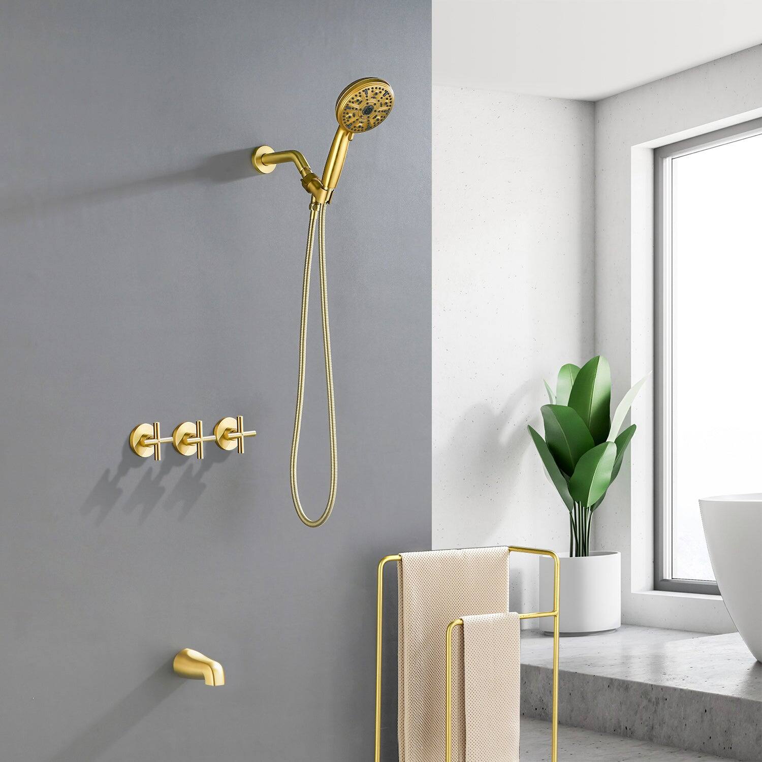 Alt View 2. Boyel Living - Brushed Gold Shower Set with 10 Function ABS Handheld Shower Three Handle Control and High Flow Tub Spout - Brushed Gold.