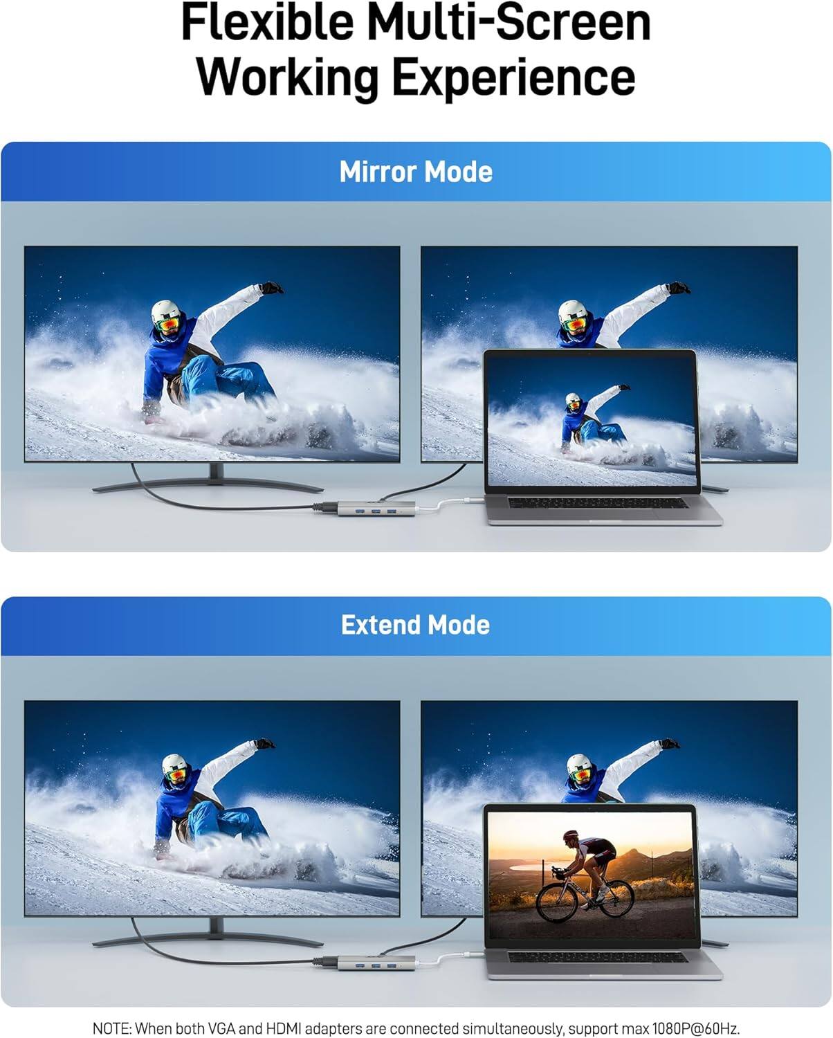 Flexible Multi-Screen Working Experience

Mirror Mode

Extend Mode

NOTE: When both VGA and HDMI adapters are connected simultaneously, support max 1080P@60Hz.