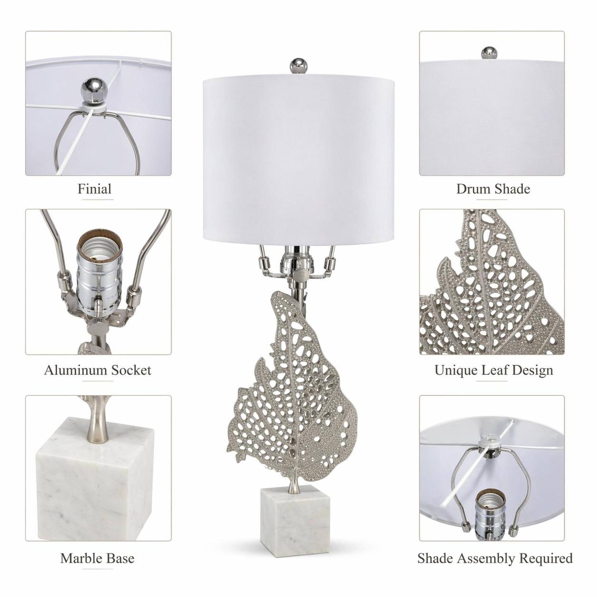 - Finial
- Drum Shade
- Aluminum Socket
- Unique Leaf Design
- Marble Base
- Shade Assembly Required