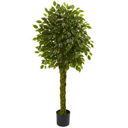 Front. BreeBe - 5' Ficus Tree w/Braided Trunk UV Resistant (Indoor/Outdoor) - Green.