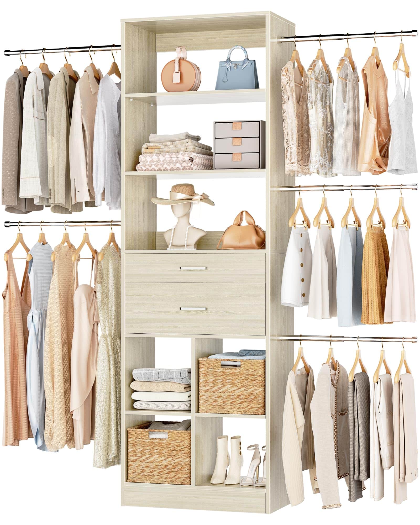 Aheaplus - Small Closet System, 3.2-6.8FT Adjustable Closet Organizer with 2 Drawers & 5 Hanging Rods - White Oak price history on PriceWatchPro