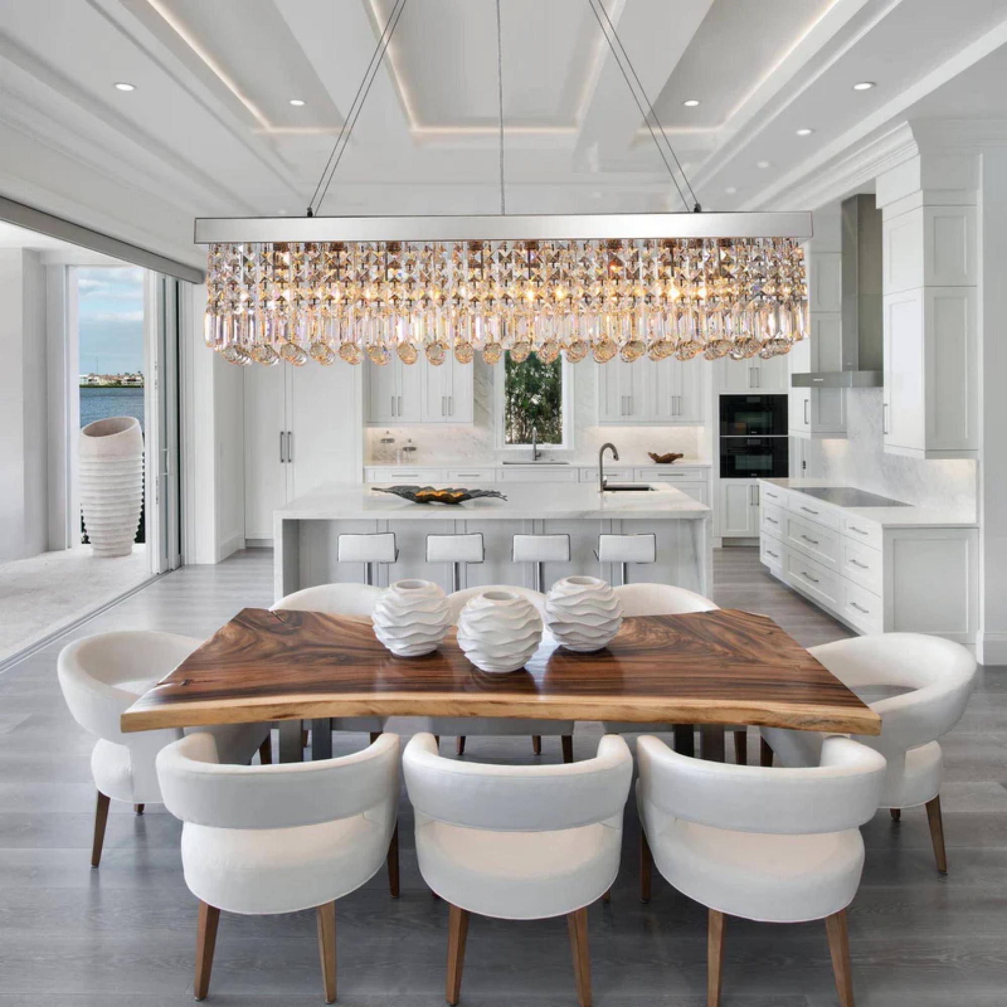 Back. Siljoy - 31.5" 6-Light Chrome Linear Crystal Chandelier, Adjustable K9 Crystal Pendant Light for Kitchen Island Dining Room Foyer - Chrome.