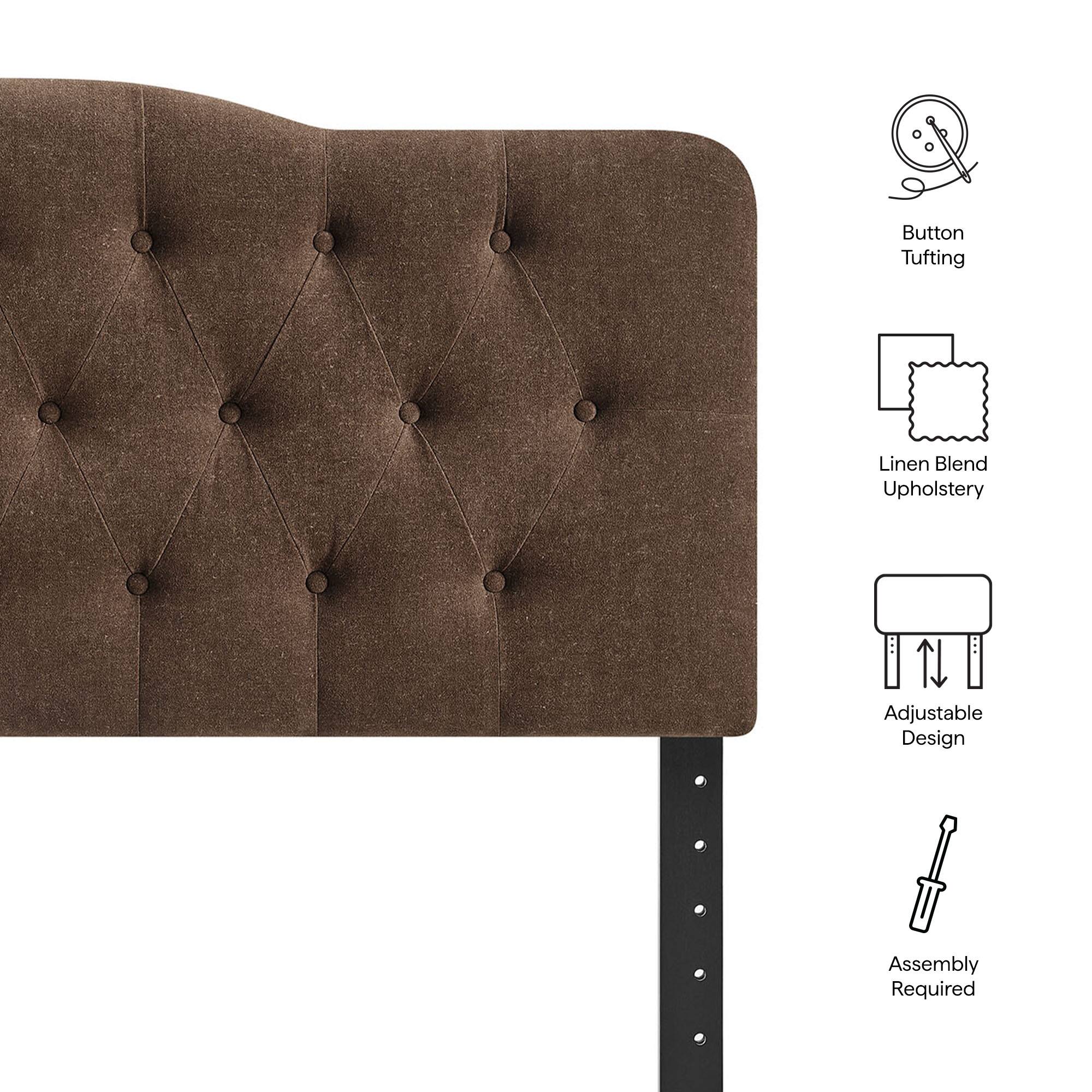 Button Tufting  
Linen Blend Upholstery  
Adjustable Design  
Assembly Required