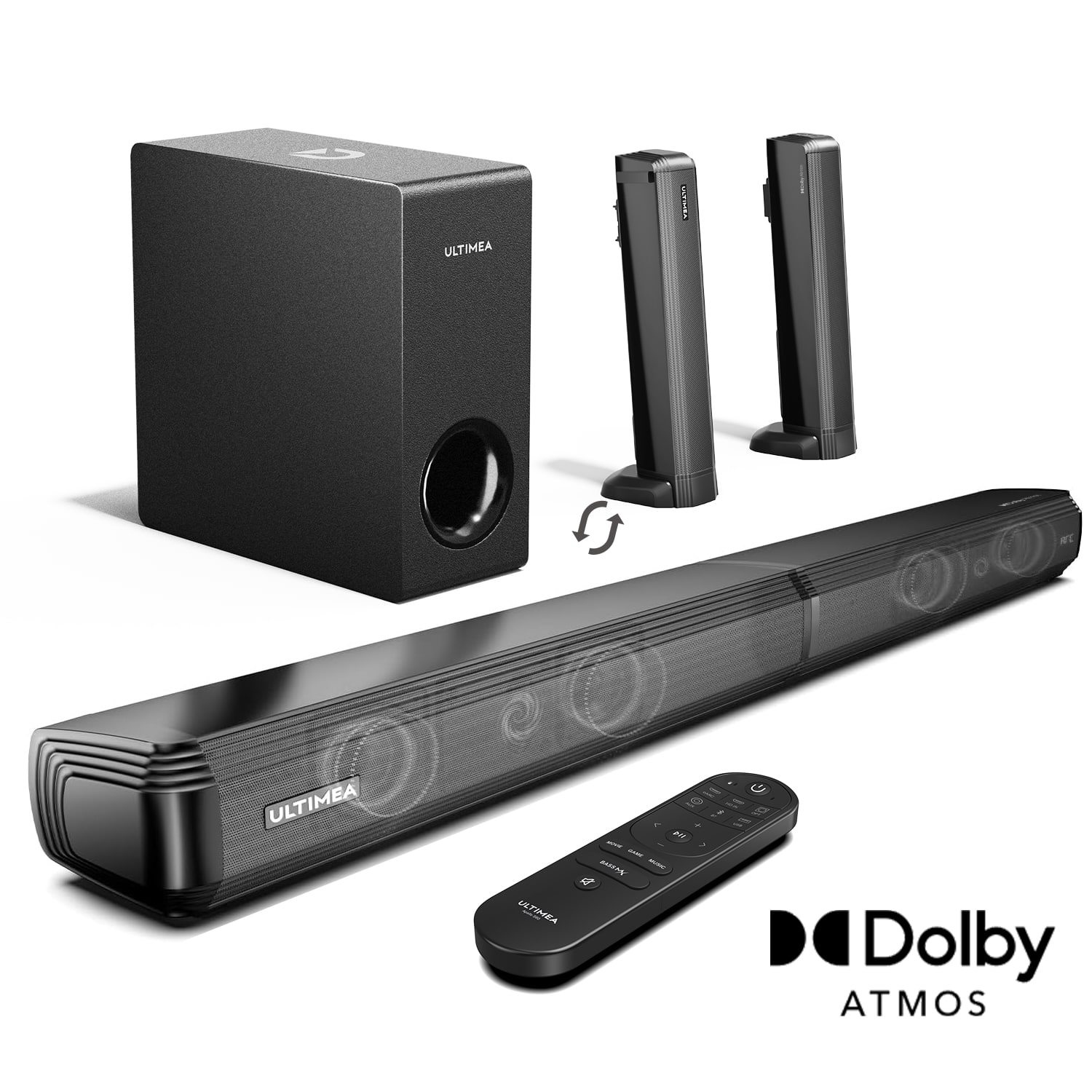 Ultimea - Apollo S60 4.1ch Sound Bar, Dolby Atmos, Bluetooth 5.3, Subwoofer, 280W Peak Power, 3 EQ Modes, HDMI eARC - Black