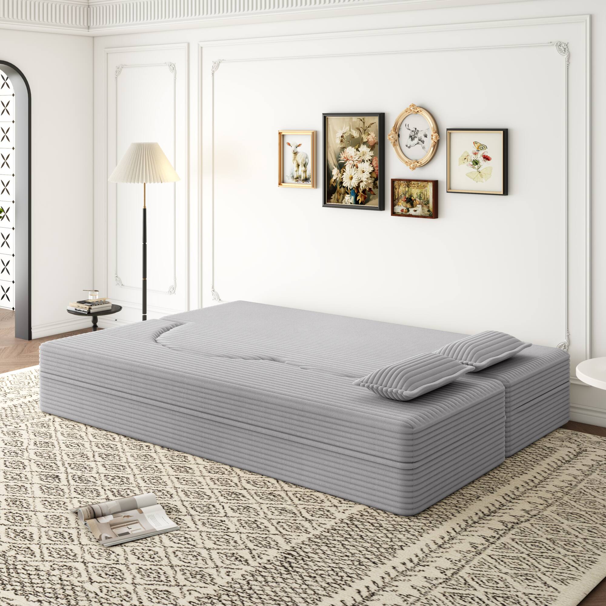 Alt View 1. GOODSILO - Convertible Plush Corduroy Floor Sleeper Sofa with Dual Pillows for Living Room and Guest Use - Light Grey.