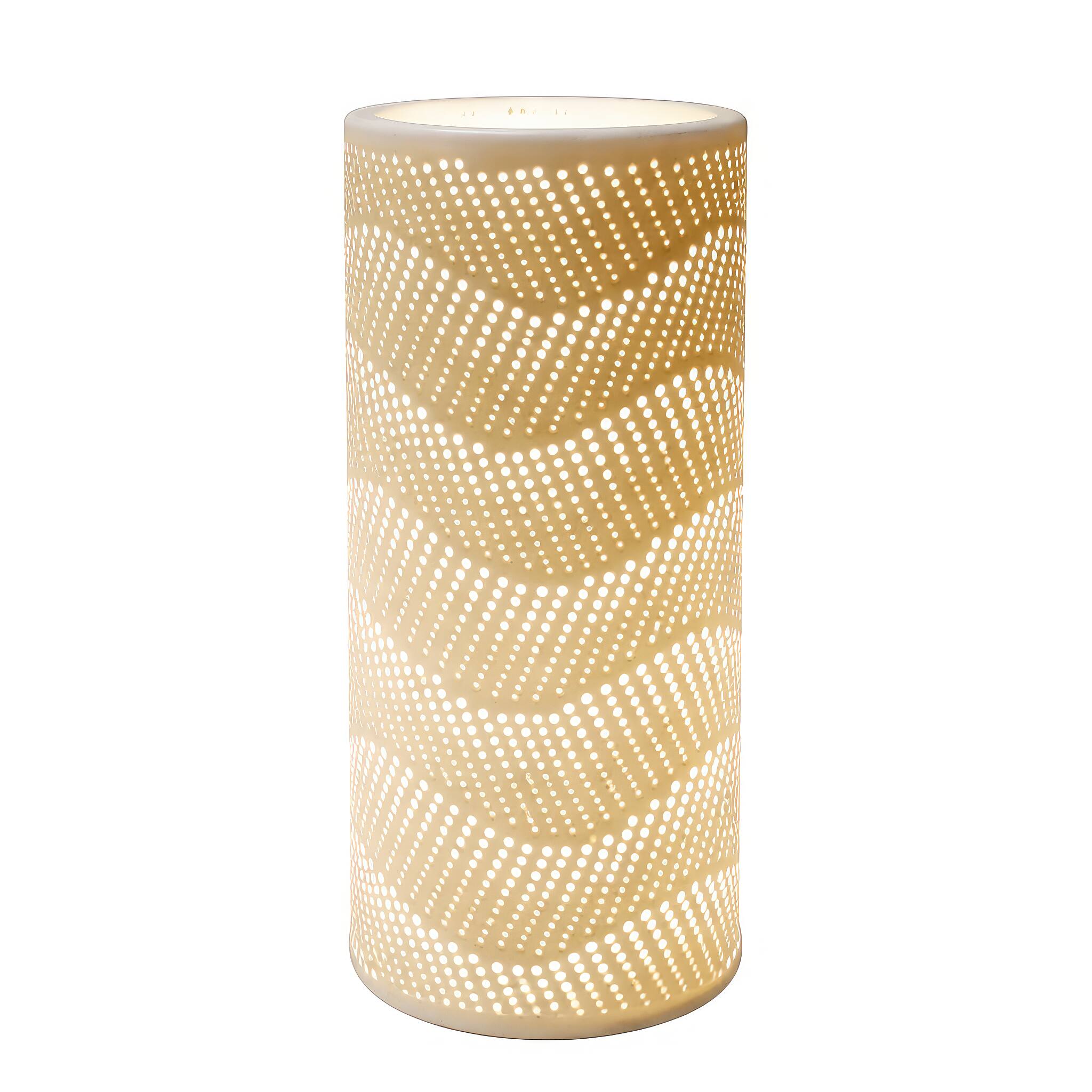 Angle. FC Design - 11"H Matte Golden Cylinder w/ Wavy Pierced Glow Pattern Table Lamp.