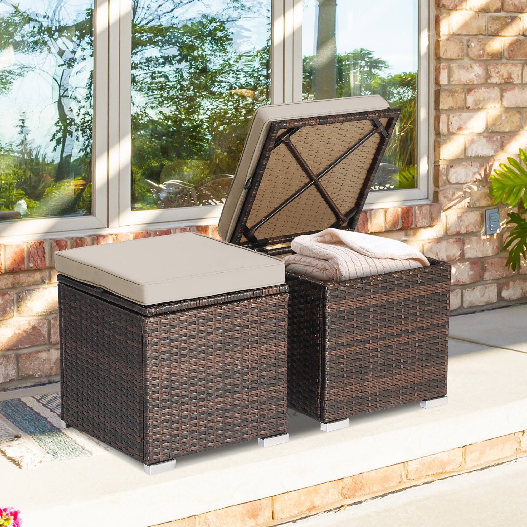 Alt View 3. Costway - 2PCS Patio Rattan Ottomans Seat Side Table Storage Box Footstool with Cushion - Beige + Mix Brown.