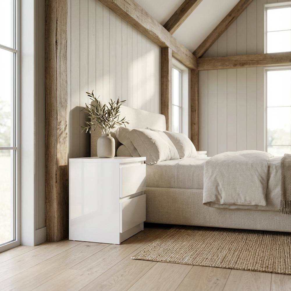 Left. FurniFact - White High Gloss Nightstand with 2 Drawers and Timeless Design - White High Gloss.